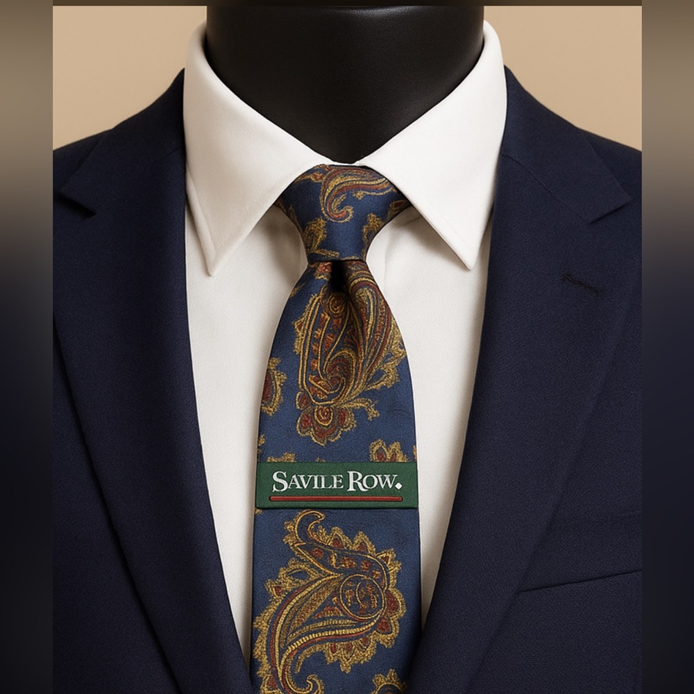 Vintage Savile Row 100% Silk Paisley Tie – Made in USA – Navy & Gold
